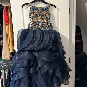 Floral Embroidered PAGEANT DRESS Navy Kids Dress